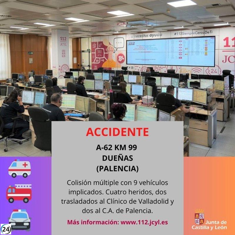 Accidente en la A-62: cuatro personas heridas en colisión múltiple en Dueñas.