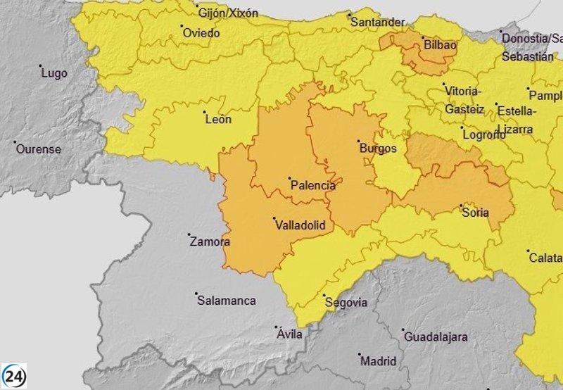 Aemet advierte de fuertes lluvias y tormentas en Burgos, Palencia, Soria y Valladolid con alerta naranja para este martes.