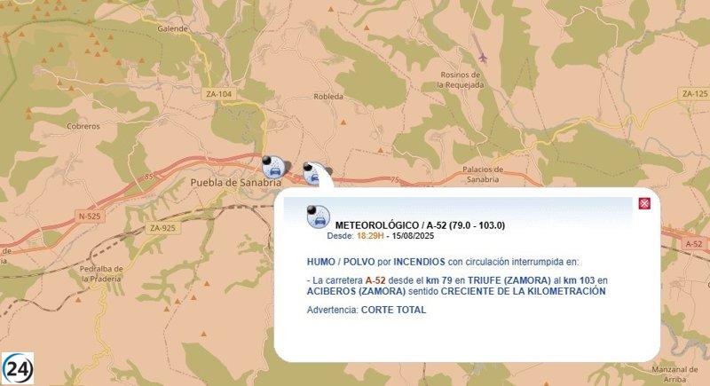 Incendios en Castilla y León causan el cierre de múltiples carreteras, entre ellas la A-52 y la N-525 en Zamora.
