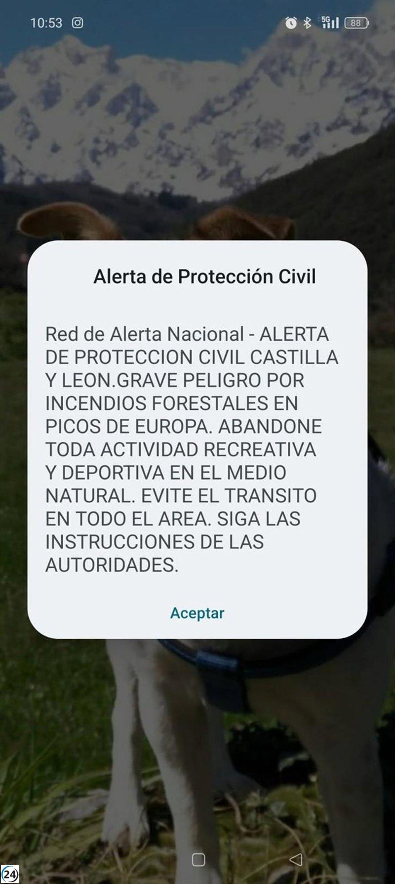 CyL emite alerta a móviles para detener actividades en Picos de Europa ante riesgo de incendios.