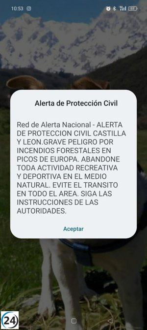 CyL emite alerta a móviles para detener actividades en Picos de Europa ante riesgo de incendios.