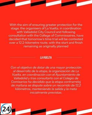 La Vuelta acorta a 12,2 km la cronometrada en Valladolid para garantizar mayor seguridad en la etapa.