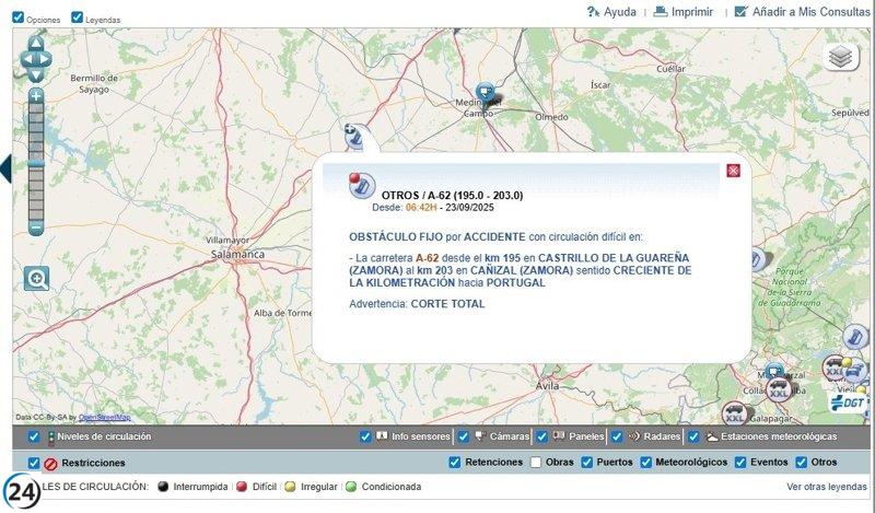 Vuelco de camión provoca cierre de la A-62 en Cañizal hacia Portugal.