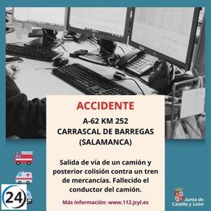 Tragedia en Carrascal de Barregas: un fallecido por el choque entre un tren y un camión volcado.