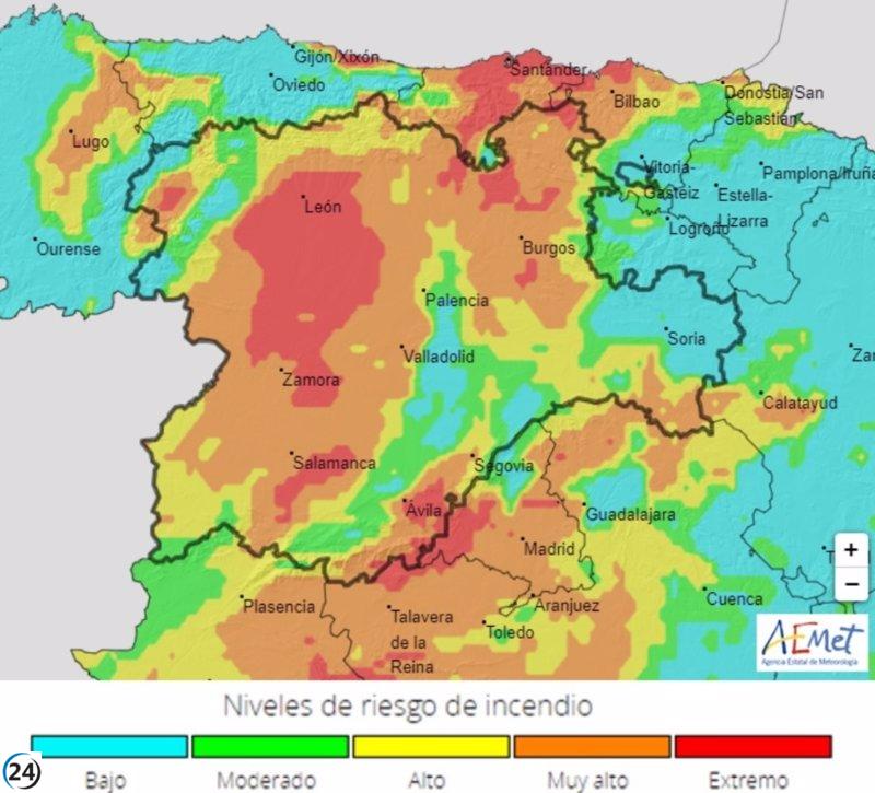 Peligro de incendio elevado en CyL este sábado y extremo en algunas áreas de León, Valladolid, Zamora y Ávila.