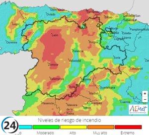 Peligro de incendio elevado en CyL este sábado y extremo en algunas áreas de León, Valladolid, Zamora y Ávila.