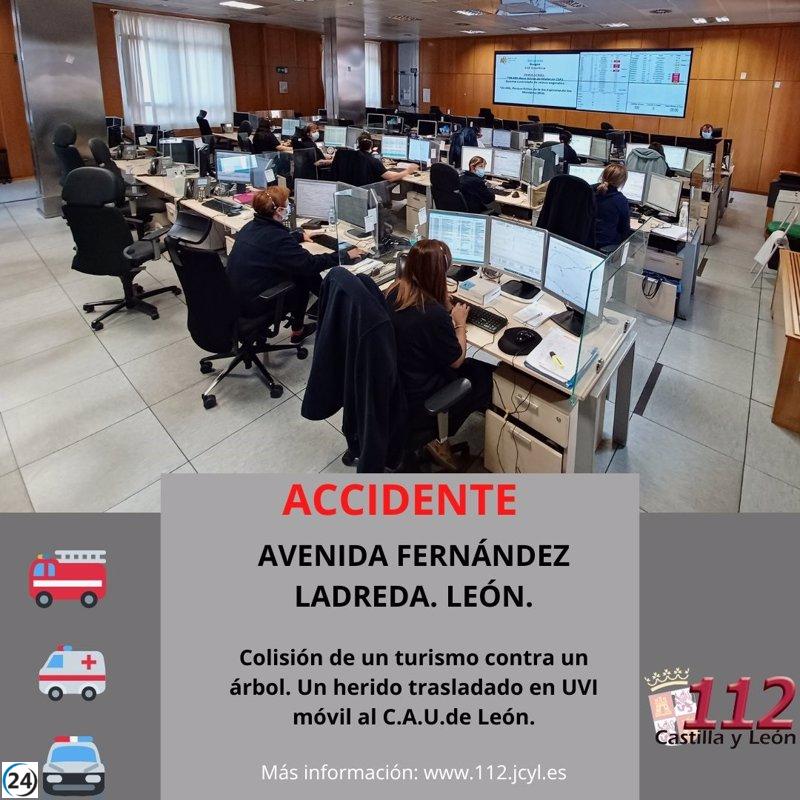 Accidente en León deja un herido tras colisión de turismo con árbol