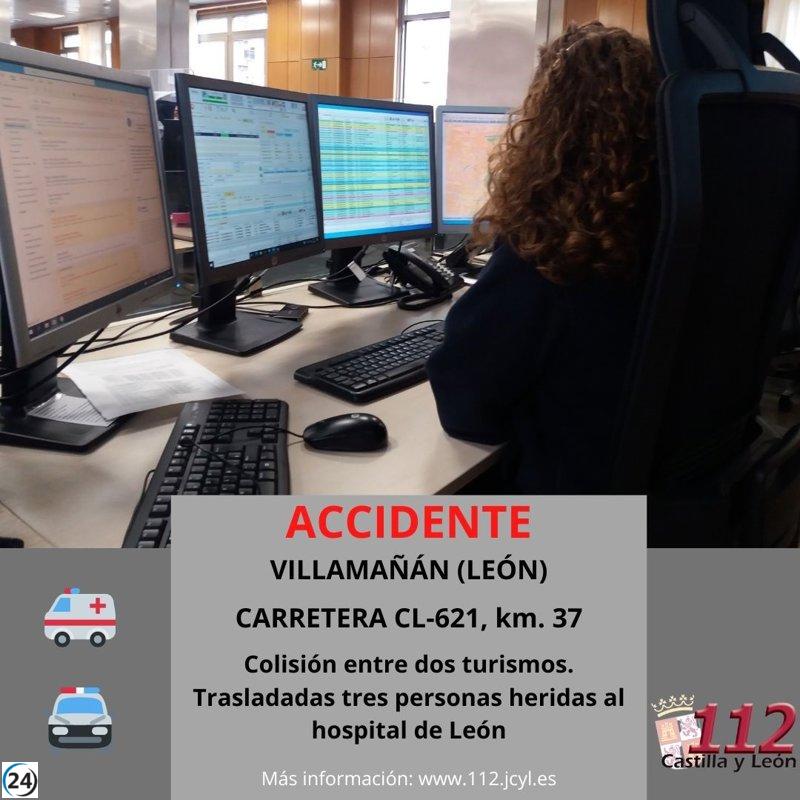 Tres personas resultan heridas en un choque vehicular en la carretera CL-621 en Villamañán (León)