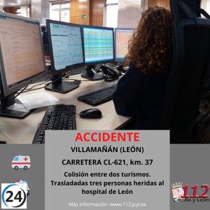 Tres personas resultan heridas en un choque vehicular en la carretera CL-621 en Villamañán (León)