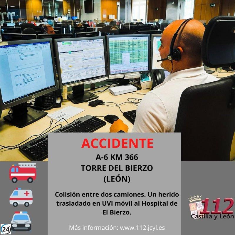 Dos camiones chocan en la A-6 de Torre del Bierzo, dejando un herido